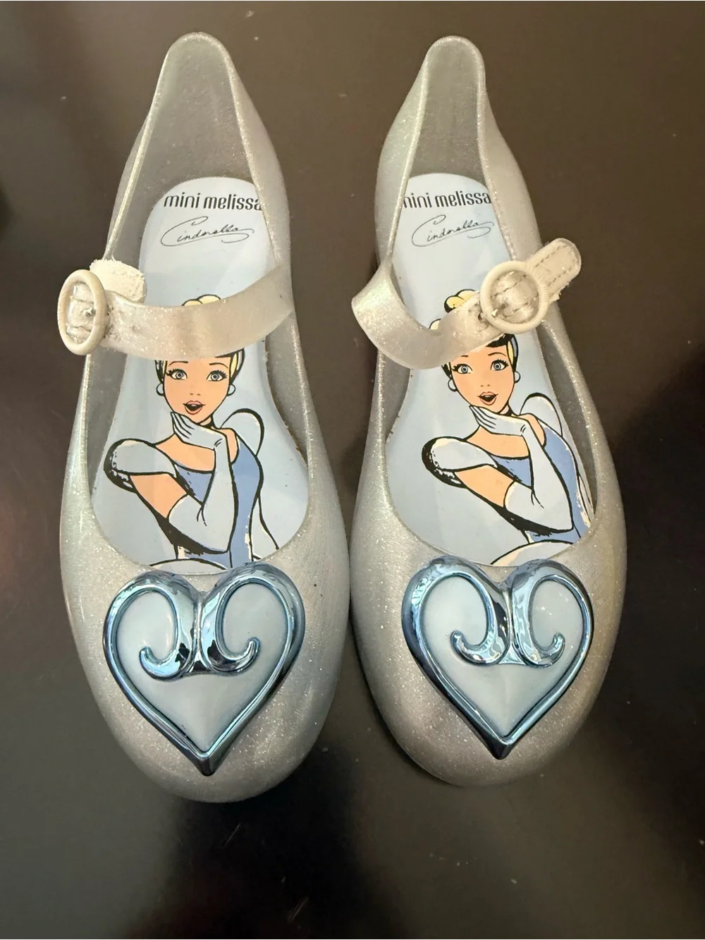 Mini Melissa Silver Glitter Mary Jane with Blue Heart Accent size 12